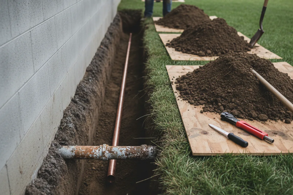 Excavated water line trench during Sewer Line Repair in Richlandtown